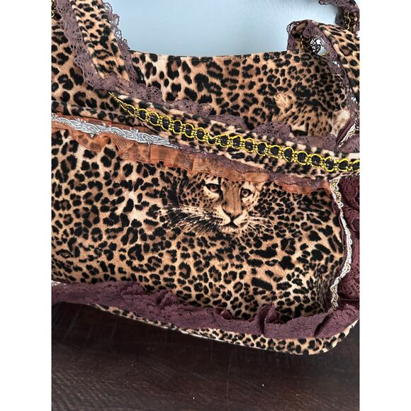Vintage Shabby Chic Handmade Cheetah Embroidered Lace  Rose Shoulder Bag - Picture 5 of 6